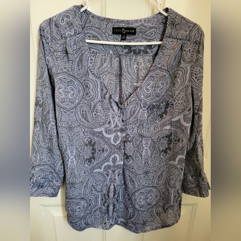 Fred David Blue/Grey Boho Floral Paisley High Low 3/4 Sleeve Blouse Sz M
